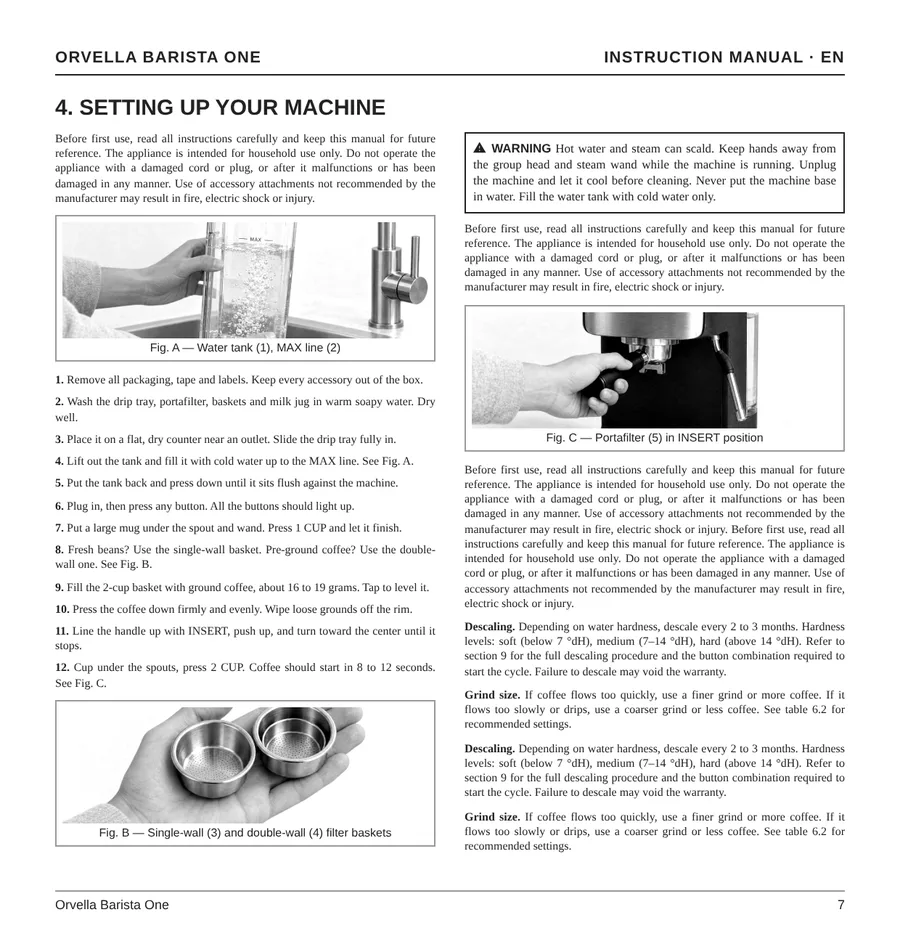 A dense printed manual page for the Orvella espresso machine